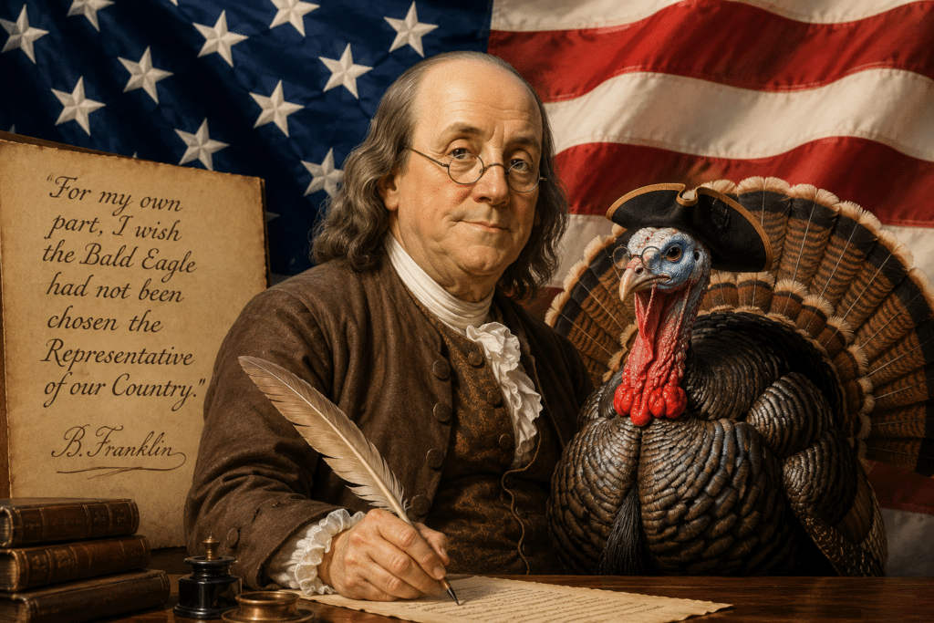 Ben Franklin and Turkey in front of the American Flag