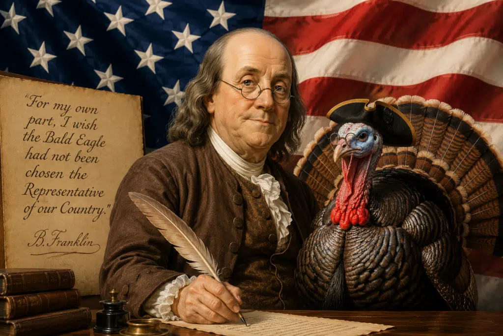 Ben Franklin and Turkey in front of the American Flag