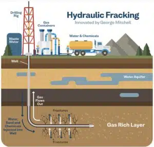 Hydraulic fracturing involves drilling deep into the earth and injecting a high-pressure mix of water, sand, and chemicals to break up shale rock and release trapped natural gas from gas-rich layers below.