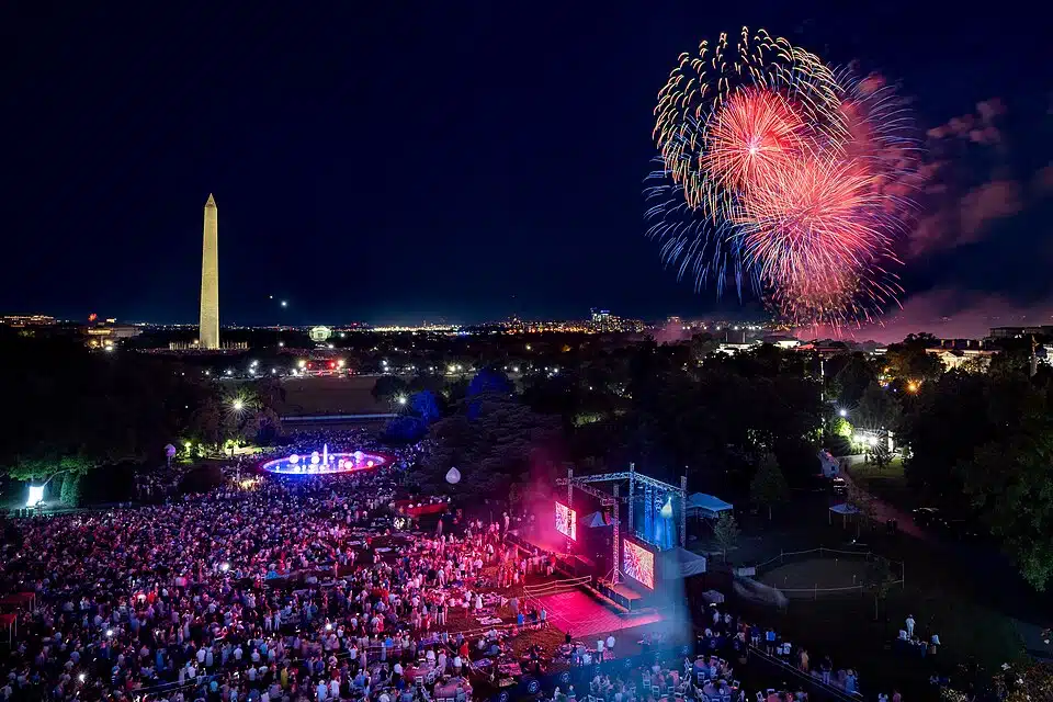 The National 4th of July Fireworks display is seen from the roof of the White House during the 4th of July celebration at the White House, Monday, July 4, 2022.(Official White House Photo by Carlos Fyfe)