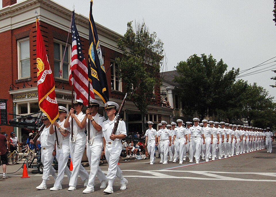 070704-N-8497H-094 Bristol, RI (July 4, 2007) Sailors from the Officer Candidate School in Newport, Rhode Island march the the 222nd annual 4th of July parade. New Negland Navy Week is currently underway, it is one of 26 Navy Weeks planned across America in 2007. Navy weeks are designed to show Americans the investment they have made in the Navy and increase awareness in cities which do not have a significant everyday Navy presence. U.S. Navy photo by Mass Communication Specialist 2nd Class Lewis S. Hunsaker