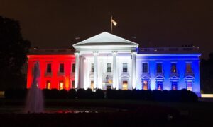 The White House lit up with red, white and blue lights for the 4th of July.
